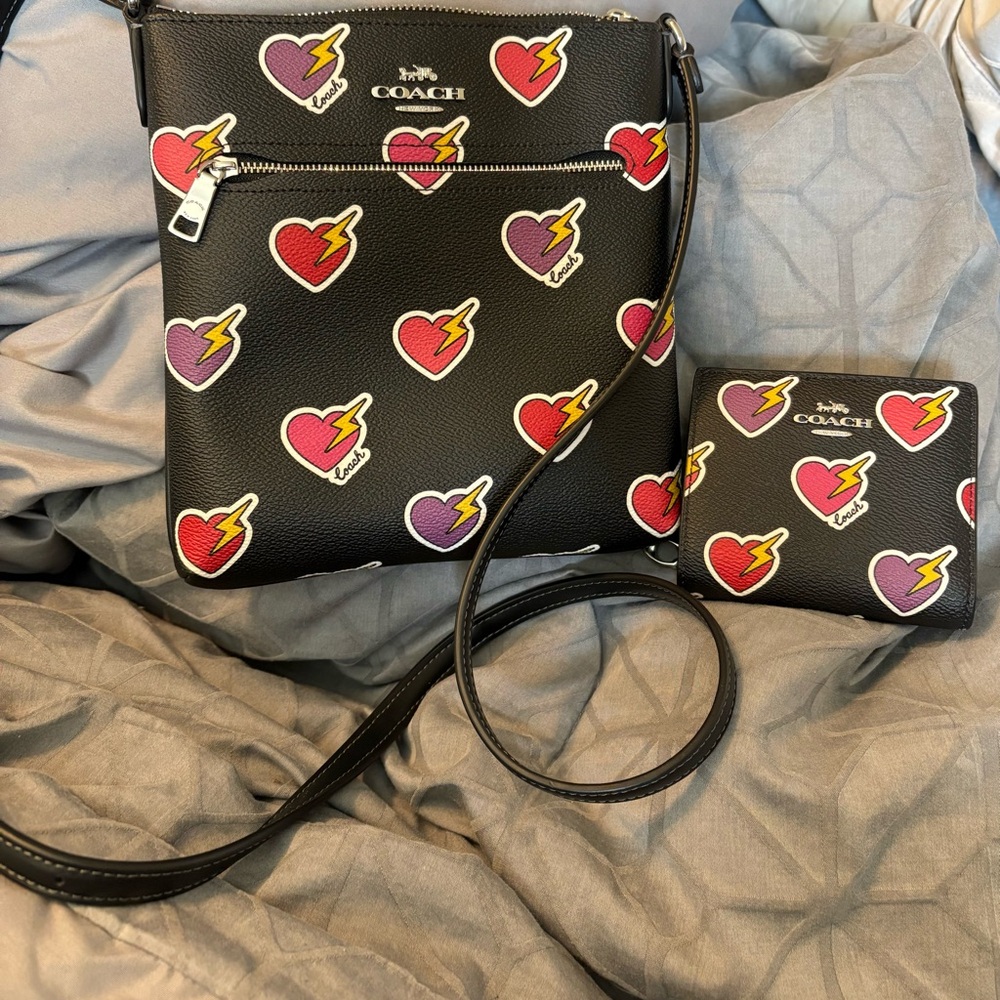 Coach Black Crossbody Bag + matching wallet with Heart and Lightning Print